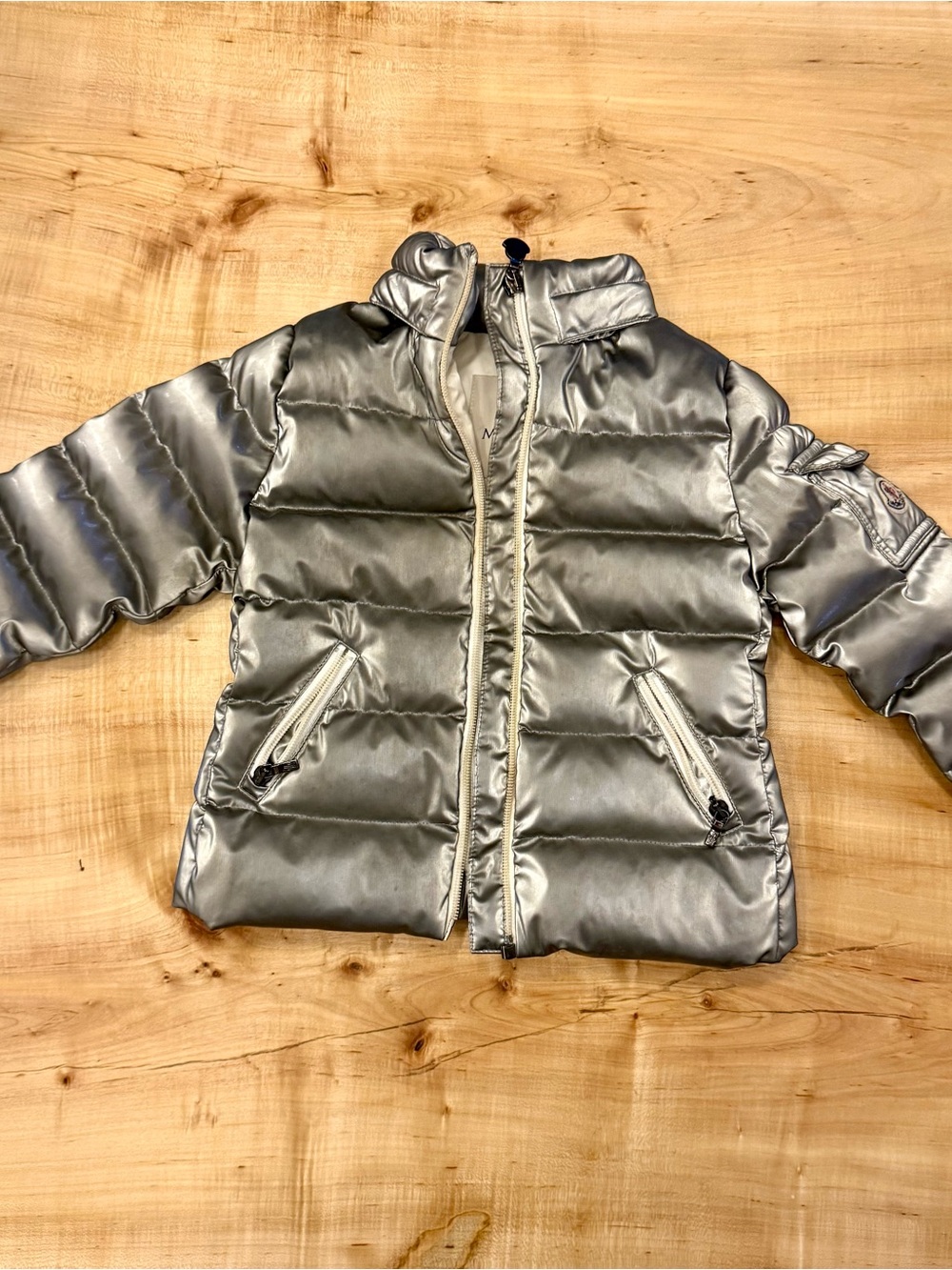Moncler Metallic Silver Down Puffer Jacket Kids Size 2 Luxury Coat Authentic